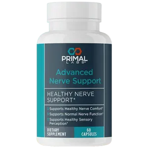 A bottle of Primal Labs Advanced Nerve Support capsules with a gray background. The text on the bottle reads Primal Lass Advanced Nerve Support. Healthy Nerve Support.