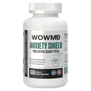 A bottle of WOWMD Anxiety Shield dietary supplements sits on a gray background.