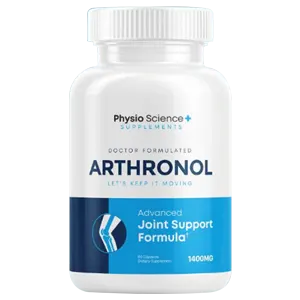 A bottle of Arthronol Advanced Joint Support Formula capsules with a gray background. The bottle has a blue label with white and yellow text.