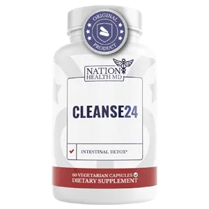 A white bottle of Nation Health MD Cleanse24 Intestinal Detox dietary supplement. It contains 60 vegetarian capsules.