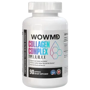 A white bottle of WOWMD Collagen Complex dietary supplement capsules.