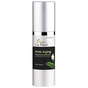 A white bottle with a silver cap containing Derm La Fleur Anti-Aging Regenerating Serum.