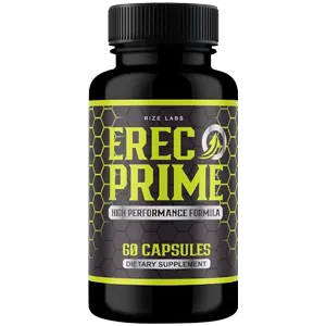 A bottle of dietary supplements called ErecPrime with black bottle  and a text on it. The bottle has a black cap.