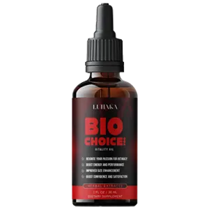 A bottle of LUHAKA Biochoice Pro Men Max Vitality Oil with a dropper.