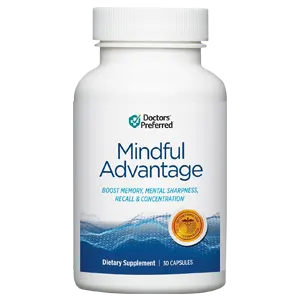 A white bottle of Mindful Advantage dietary supplement capsules.