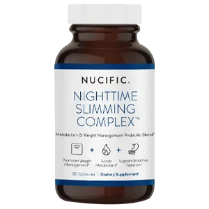 A bottle of Nucific Nighttime Slimming Complex dietary supplement with white text on a gray background.