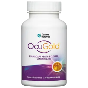 OcuGold dietary supplement bottle for macular health and clearer vision, 60 vegan capsules.