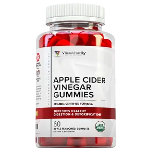 Image of a bottle of Vitauthority Apple Cider Vinegar Gummies on a gray background.