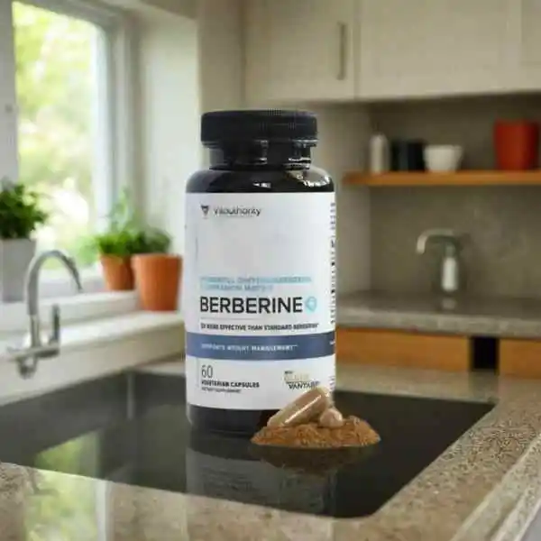 A bottle of Vitauthority Berberine capsules with yellow text and a green cap sits on a counter.