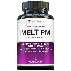 A bottle of dietary supplements called Melt PM Sleep Support by Vitauthority. The bottle is purple with white labeling.