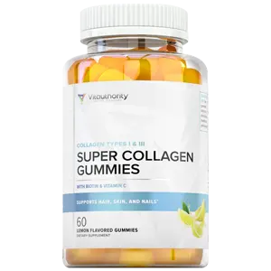 A bottle of lemon flavored Super Collagen Gummies dietary supplement on a gray background. The bottle has a black label with white and yellow text.