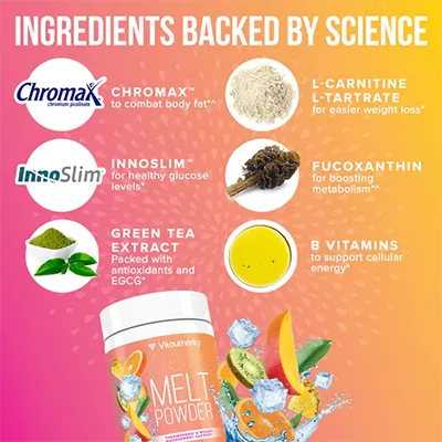 Text on the label lists the science-backed ingredients including Chromax, Innoslim, Fucoxanthin, green tea extract, and B vitamins.