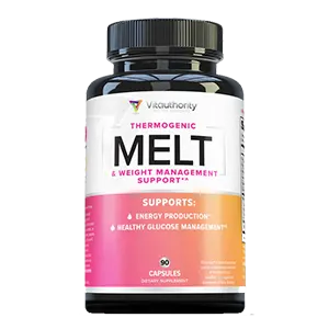 A bottle of Vitauthority Thermogenic Melt weight management support capsules with a gray background.