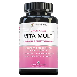 A bottle of Vita Multi Women's Multivitamin with a gray label.