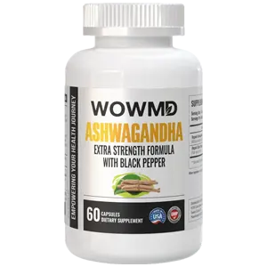 A white bottle of WOWMD Ashwagandha Extra Strength Formula with Black Pepper dietary supplement.