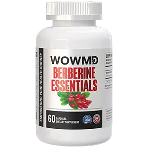 White bottle of WOWMD Berberine Essentials dietary supplement containing 60 capsules