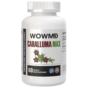 A white bottle of WOWMD Caralluma Max, a dietary supplement. The bottle contains 60 capsules and is labeled in English.