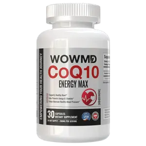 A white bottle of WOWMD CoQ10 Energy Max dietary supplement capsules.