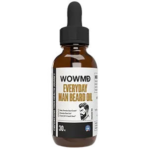 A brown glass dropper bottle labeled WOWMD Everyday Man Beard Oil with a white dropper. The bottle contains a clear liquid.