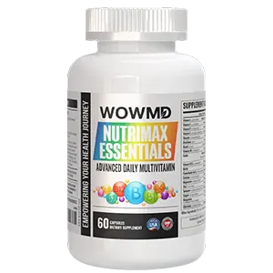 A white bottle of WOWMD Nutrimax Essentials Advanced Daily Multivitamin Supplement. The bottle contains 60 capsules and features a label with colorful illustrations of vitamins.