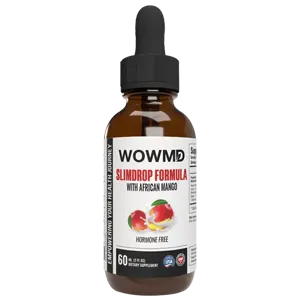 A brown glass dropper bottle of WOWMD Slim Drop Formula with African Mango.